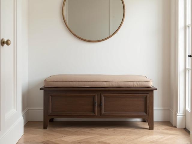 A stylish entryway bench with integrated storage, made from dark stained oak with a comfortable upholstered cushion.