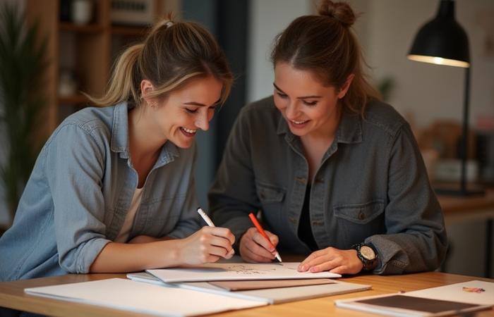 A designer sketching ideas on a tablet while discussing with a client in a bright studio, surrounded by material swatches.