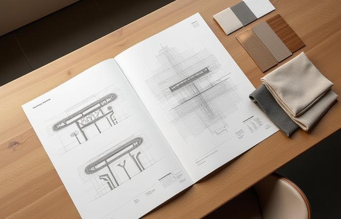 Architectural drawings and material samples including wood, metal, and fabric swatches laid out on a design table.