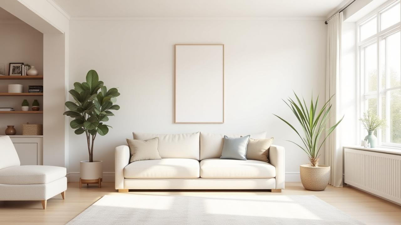 Bright, minimalist living room after redesign with natural light