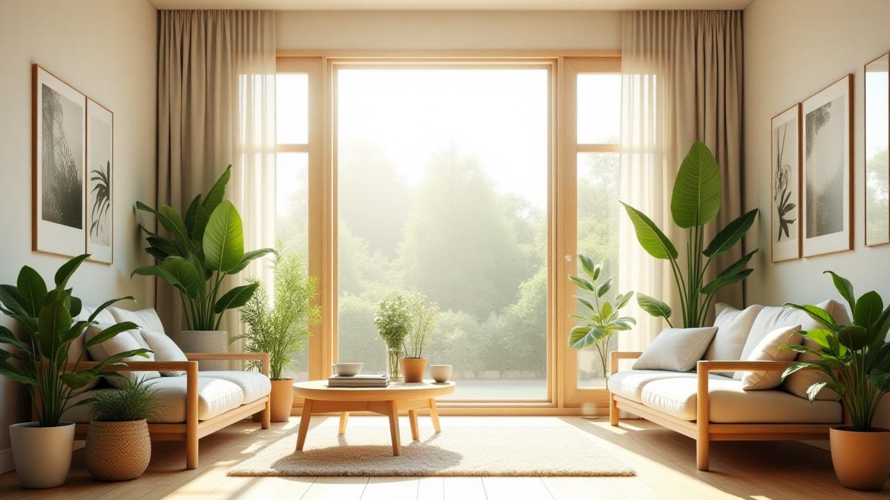 Sun-drenched room with open windows, abundant green plants, natural wood furniture, and linen textiles, evoking health and fresh air.