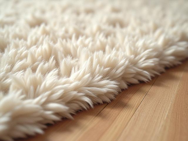 Plush, undyed natural wool rug on a light wooden floor, featuring subtle texture.
