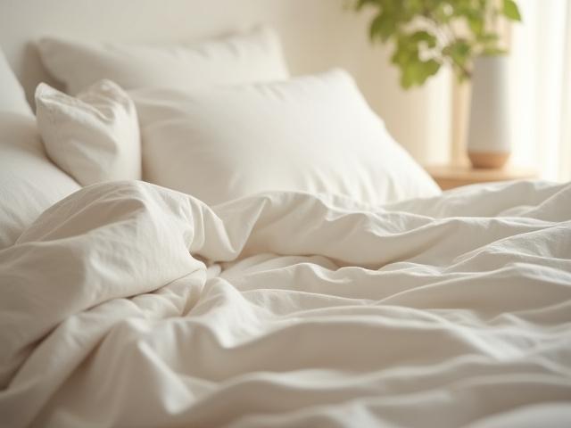 Luxurious organic linen bedding in a tranquil bedroom, GOTS Certified.