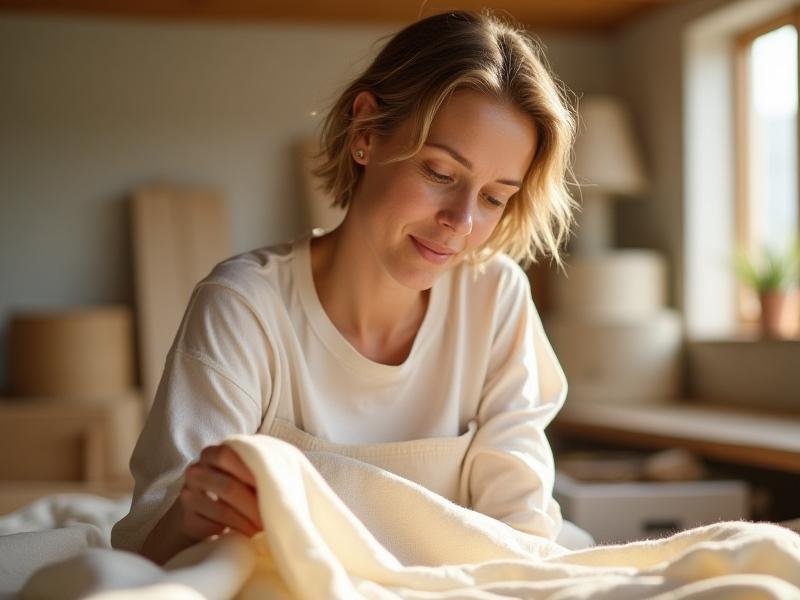 Clara, the founder of Cosmos Hearth, in a sunlit workshop, inspecting natural fabric