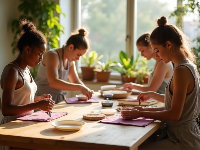A serene group workshop focusing on natural dyes and sustainable textile art
