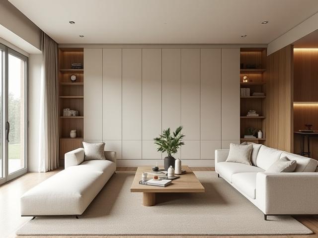 Serene and minimalist living room after design, featuring custom built-in storage, natural wood, and light colors