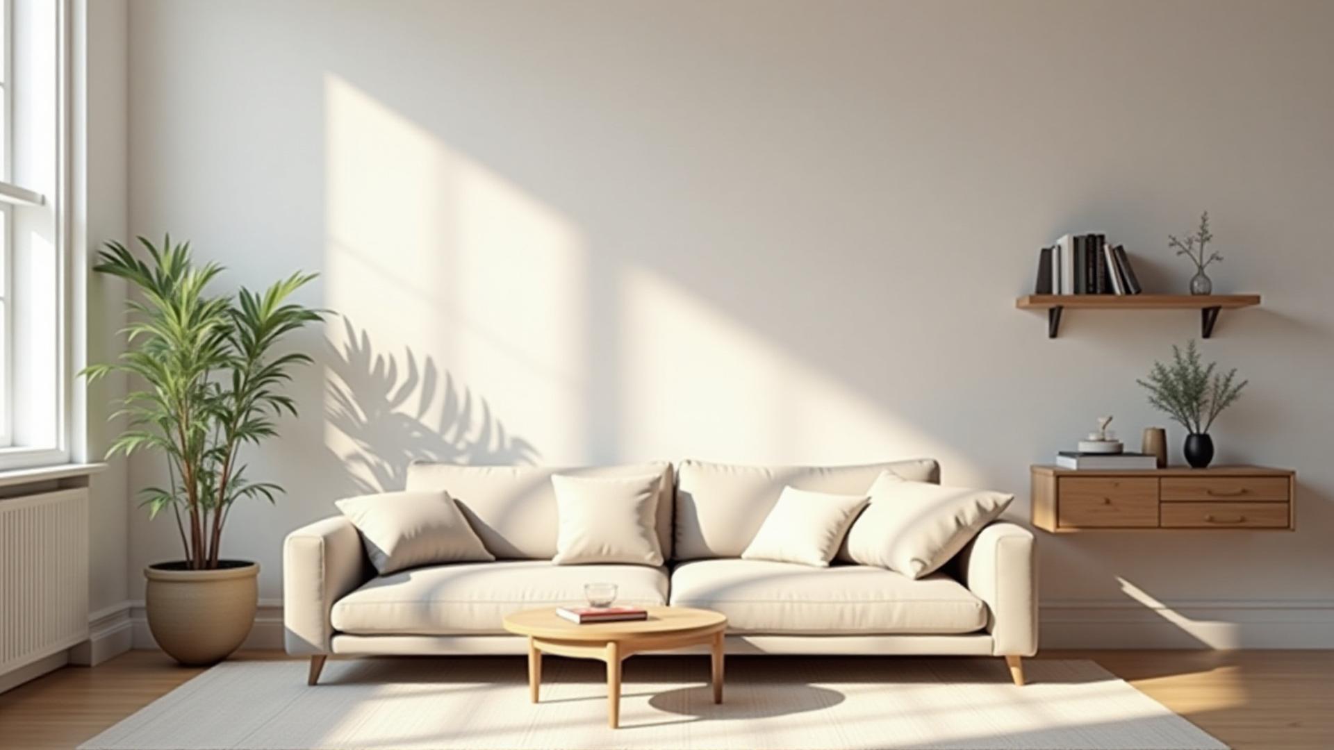 A bright, stylish, and perfectly organized small London apartment with natural light, featuring Cosmos Hearth minimalist furniture like a compact sofa and a wall-mounted shelf.