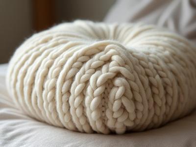 Hand-knitted wool cushion with a subtle, earthy tone.
