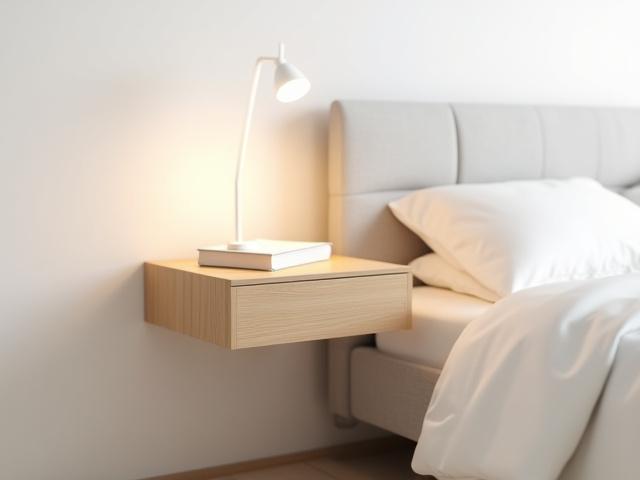 The Horizon Floating Nightstand attached to a wall next to a clean bed.