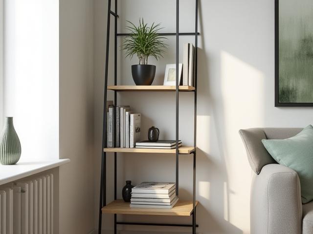 The Strata Ladder Shelf styling a small living room with books and plants.