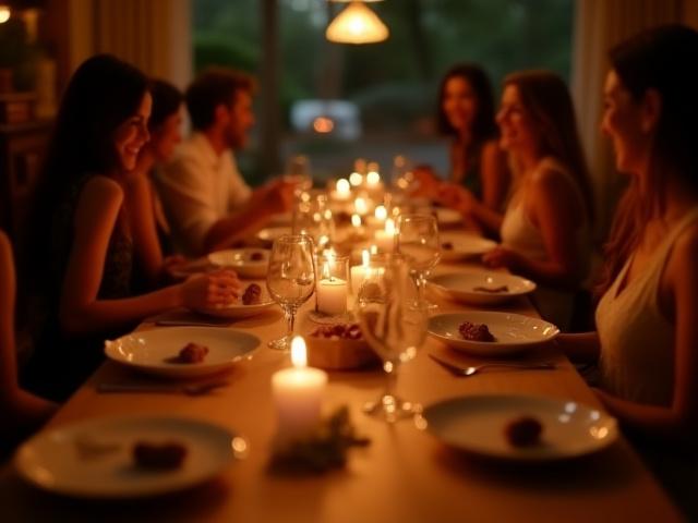 A lively dinner party with friends and delicious food