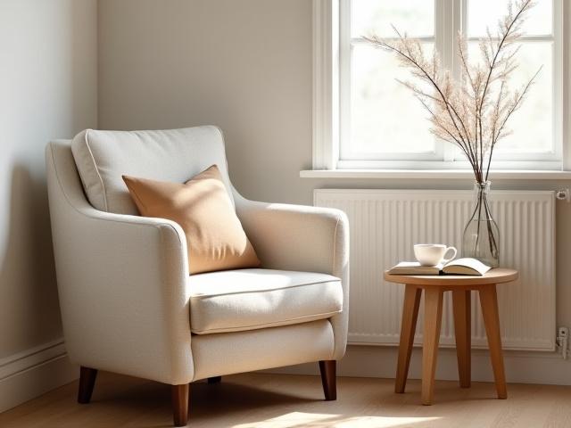 A person reading in a quiet, minimalist corner